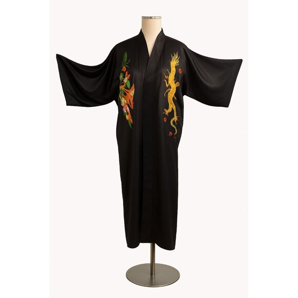 Golden Dragon Embroidered Satin Robe – Vintage Black Kimono with Dragon & Phoeni - Picture 1 of 7